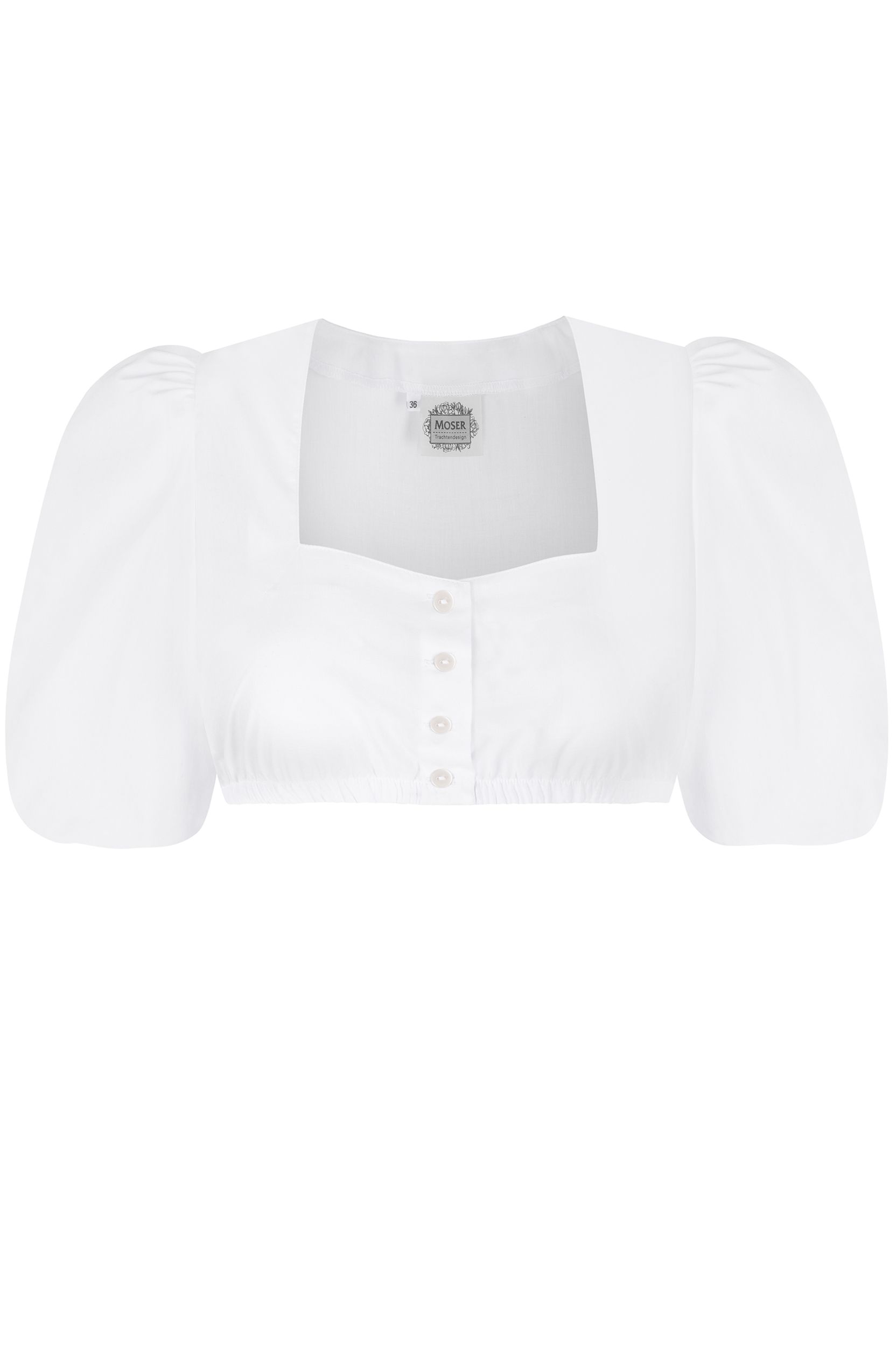 Weiße Dirndlbluse von MOSER Trachten mit Knopfleiste und Puffärmeln aus feinem Stoff.