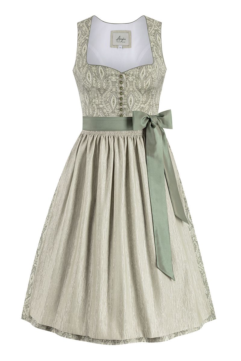 Elegantes graues Dirndl mit grünem Band von MOSER Trachten aus hochwertigem Stoff.