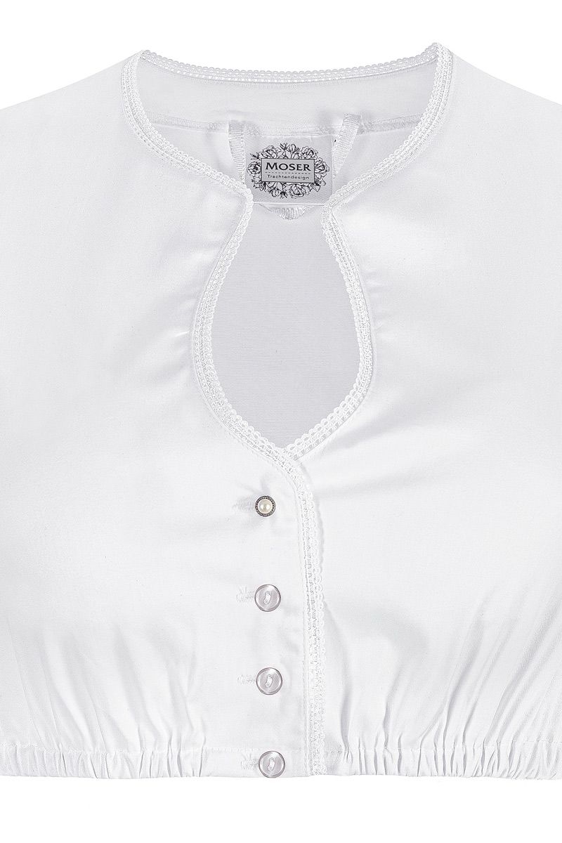 Weiße Trachtenbluse von MOSER mit Knopfleiste und Spitzenborten für Damen.