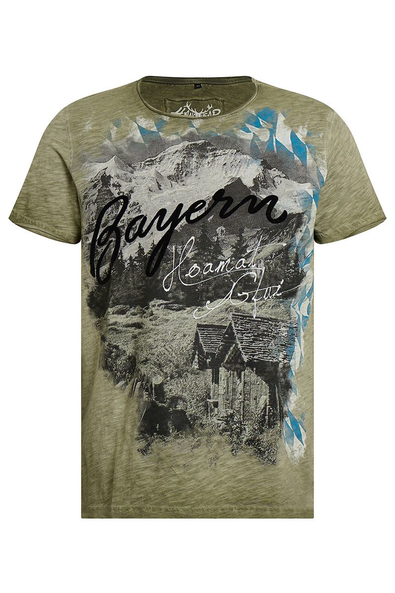Grünes T-Shirt mit Bayern-Motiv und alpenländischem Design von Moser Trachten.