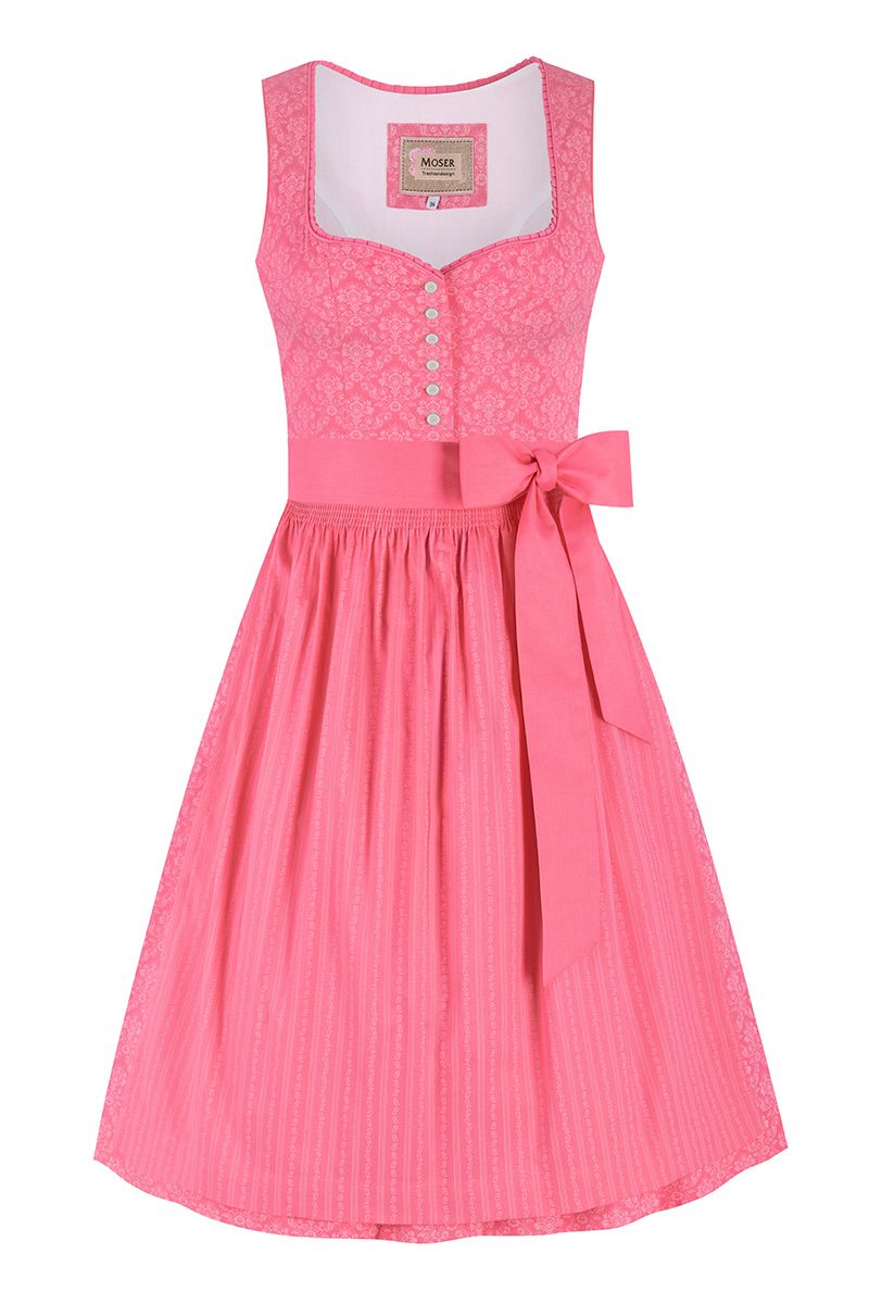Pinkes MOSER Dirndl mit floralem Muster und Schleife, ideal für moderne Trachtenmode.