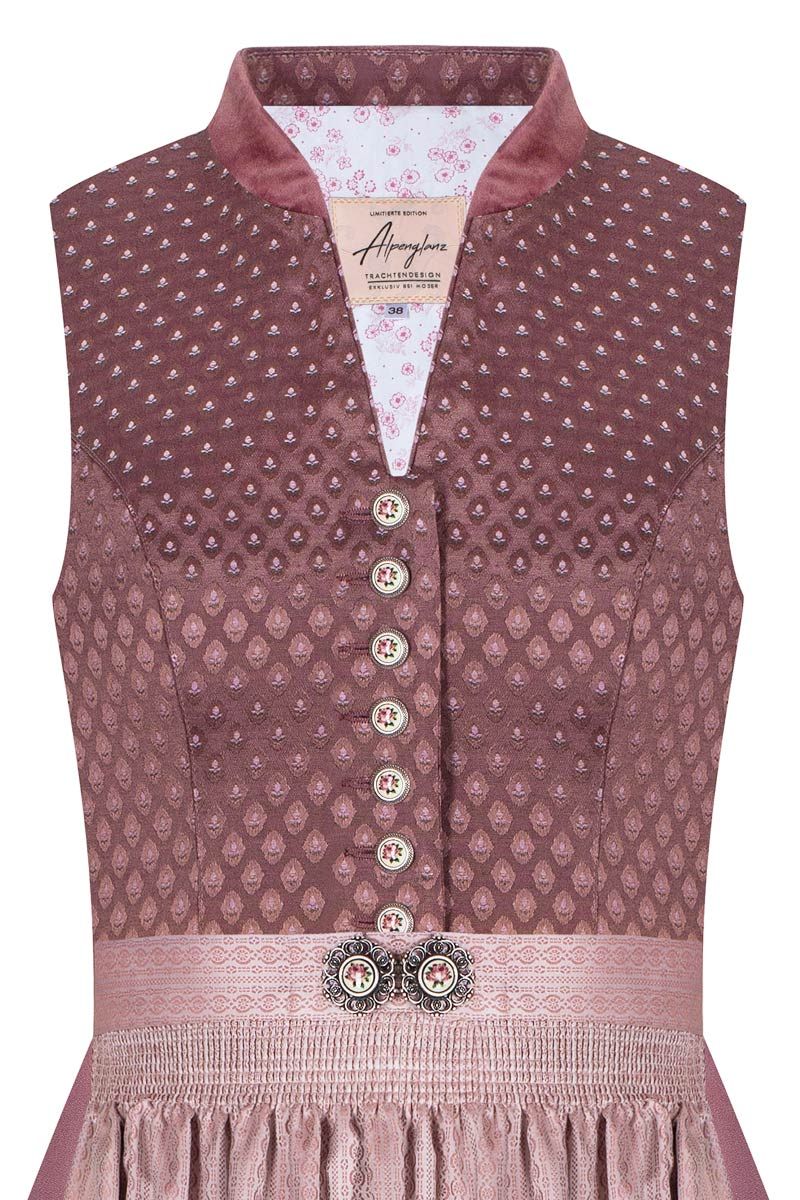 Elegantes braunes Dirndl von AlpenGlanz mit Knöpfen und rosa Spitze, ideal für traditionelle Anlässe.