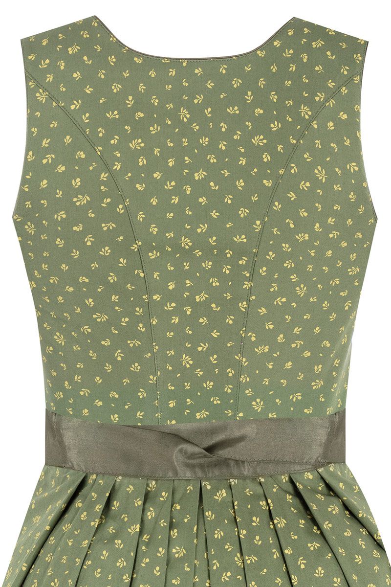 Grünes Dirndl mit gelbem Blütenmuster und Taillenschleife in traditionellem Trachtenstil.