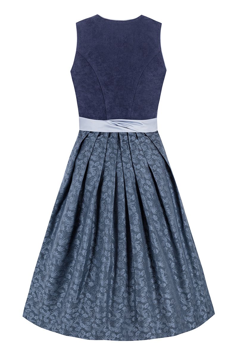 Elegantes Trachten-Dirndl in Blau von MOSER Trachten mit floralem Muster und Satinband.
