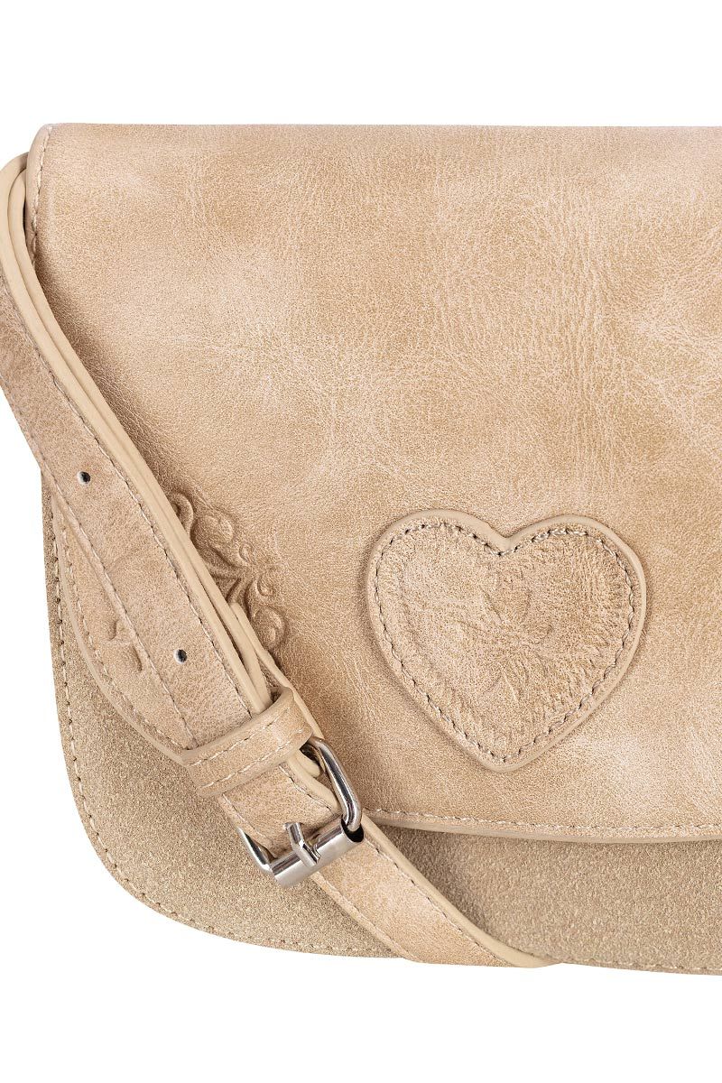 Beigefarbene Lederhandtasche mit Herzprägung von MOSER Trachten für stilvolle Tracht-Outfits.