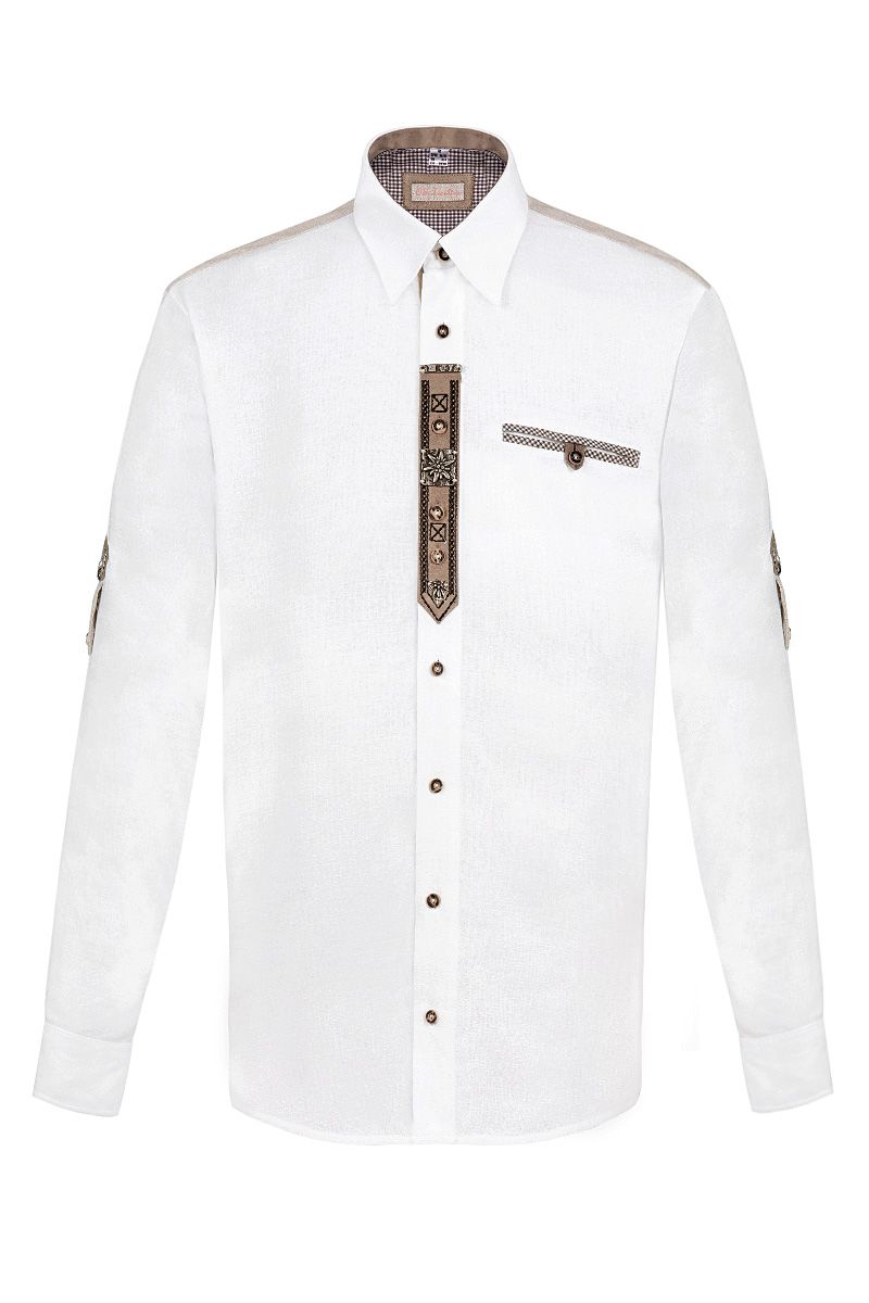 Weiße Trachtenbluse von MOSER mit traditionellem Stickmuster, ideal für festliche Anlässe.