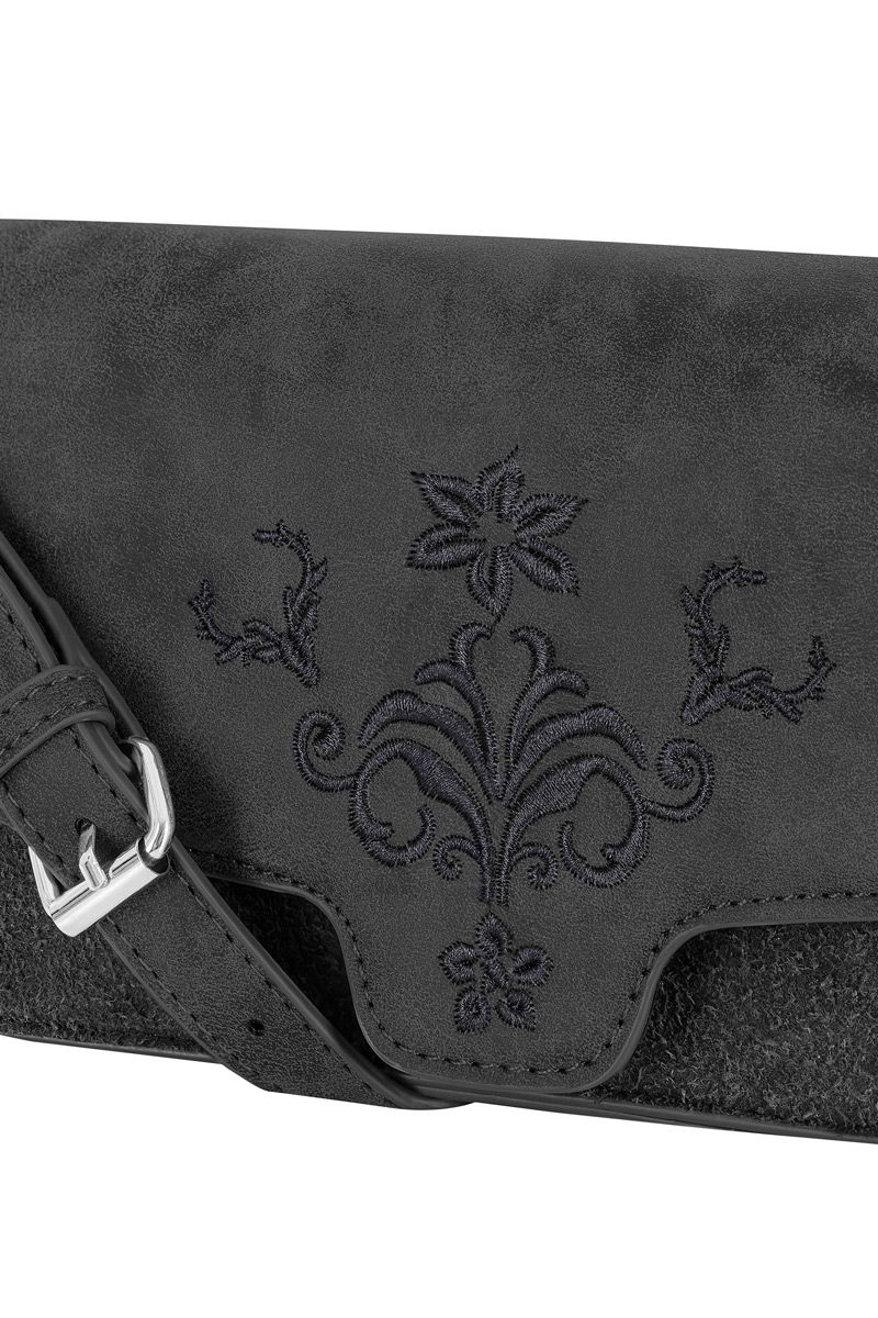 Schwarze Trachtentasche aus Leder von MOSER mit floraler Stickerei.