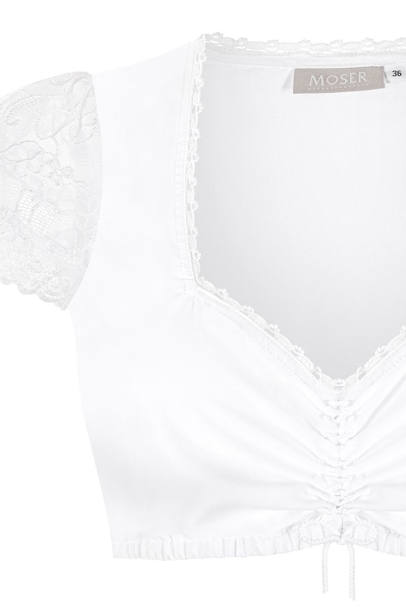 Weiße MOSER Spitzenbluse mit V-Ausschnitt für Trachtmode bei trachten.de.